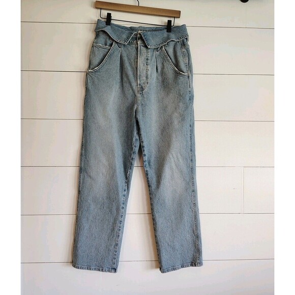 We The Free Denim Foldover Waist Jeans High Rise Button Down Pleats Mom Jean 28 - Picture 1 of 9